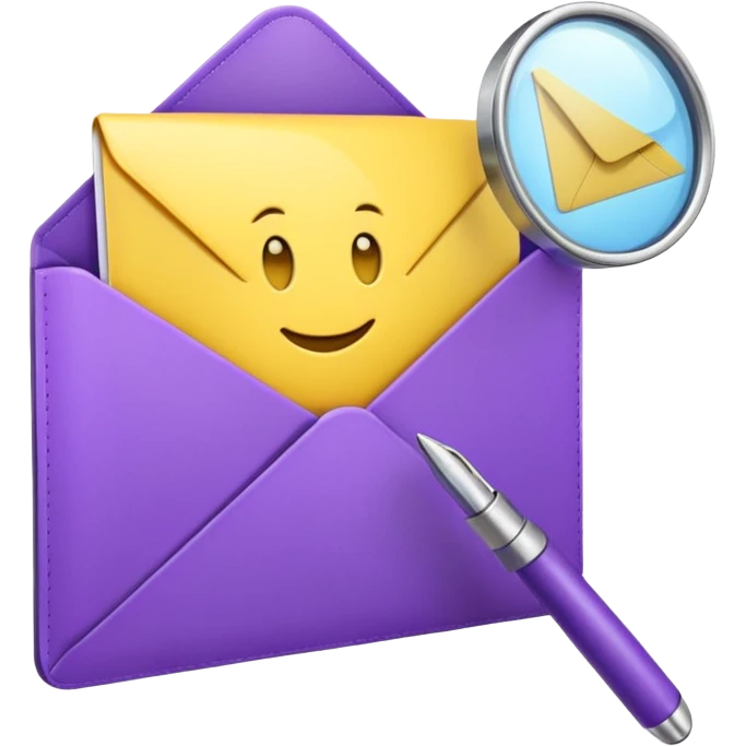 simple, minimalistic yellow (hex#FFD008) and purple (hex#8C52FF) emojis of a pin, a working case, a folder, a magnifier, an email, an envelope emoji