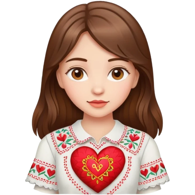 Beautiful young girl with brown hair in a white Ukrainian embroidered shirt holding a large embroidered heart emoji
