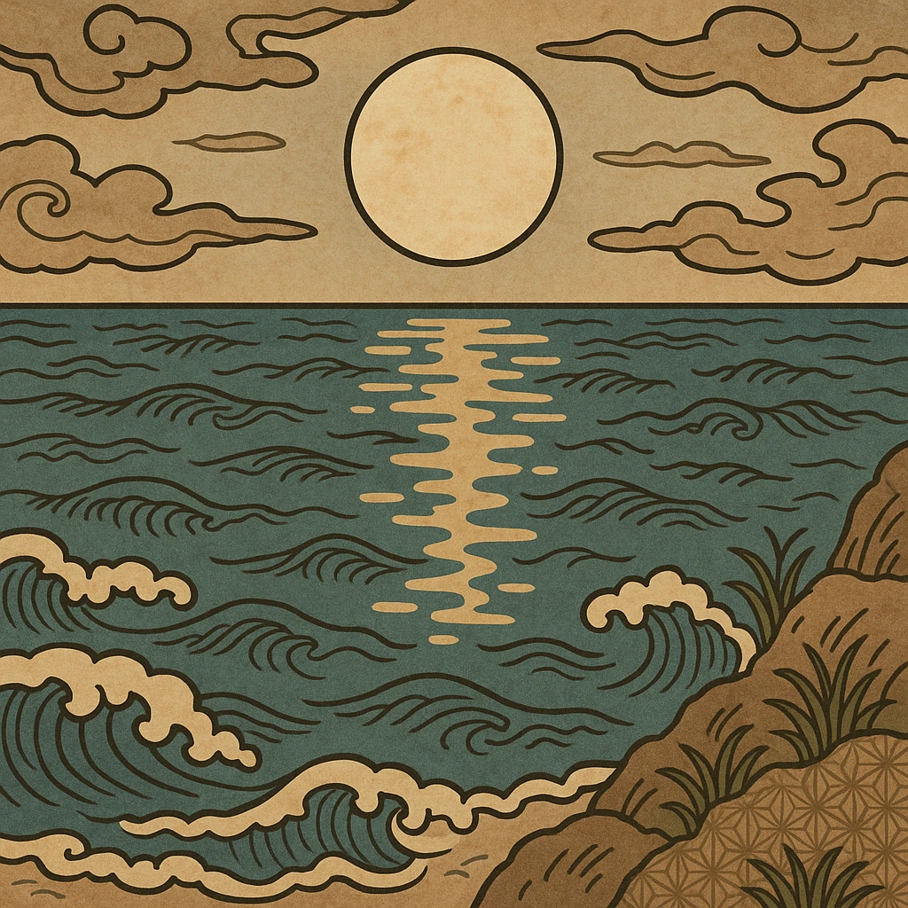 moon reflecting on the sea, style 6, ukiyo-e inspired cartoon illustration of moonlight on sea emoji