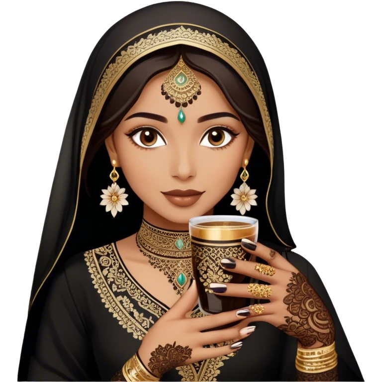 A delicate hand adorned with intricate floral henna designs holds a traitional glass of Arabic coffee. The deep brown henna contrasts beautifully with the rich embroidery of the black outfit, which features shimmering floral patterns. A gold ring and dark nail polish add elegance to the aesthetic. emoji