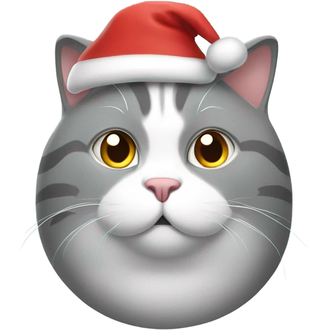 Grey fat cat with white accents wearing a Santa hat emoji