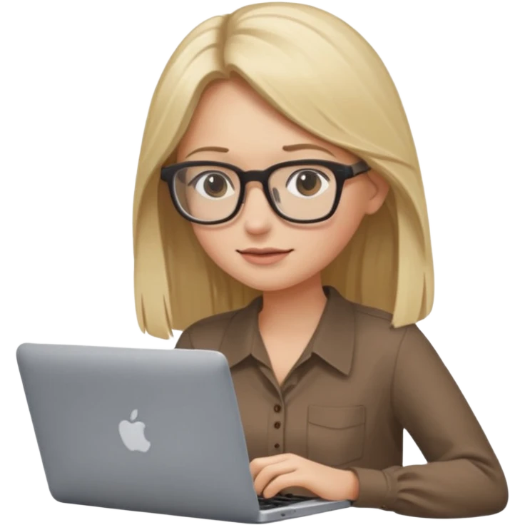 Girl in glasses, blonde long hair, brown blouse, typing on gray MacBook emoji