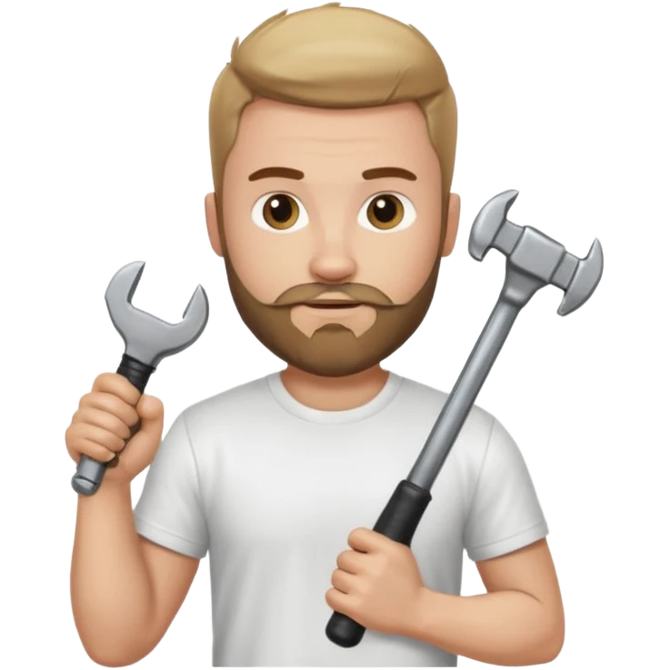  guy who looks very handsome, he has a beard, wears a white tee shirt and holds a wrench in one hand and a black hammer in the other  emoji