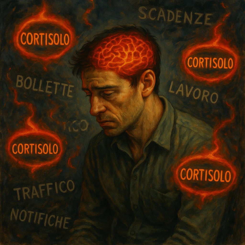 semi-realistic, symbolic surrealism; man in his thirties with tired eyes, tense muscles, curved posture, floating symbols 'Cortisolo' in Italian with orange-red aura; chaotic background with Italian words: 'bollette', 'scadenze', 'lavoro', 'traffico', 'notifiche'; visible brain with red-orange neural activity, moody lighting, stressed expression emoji
