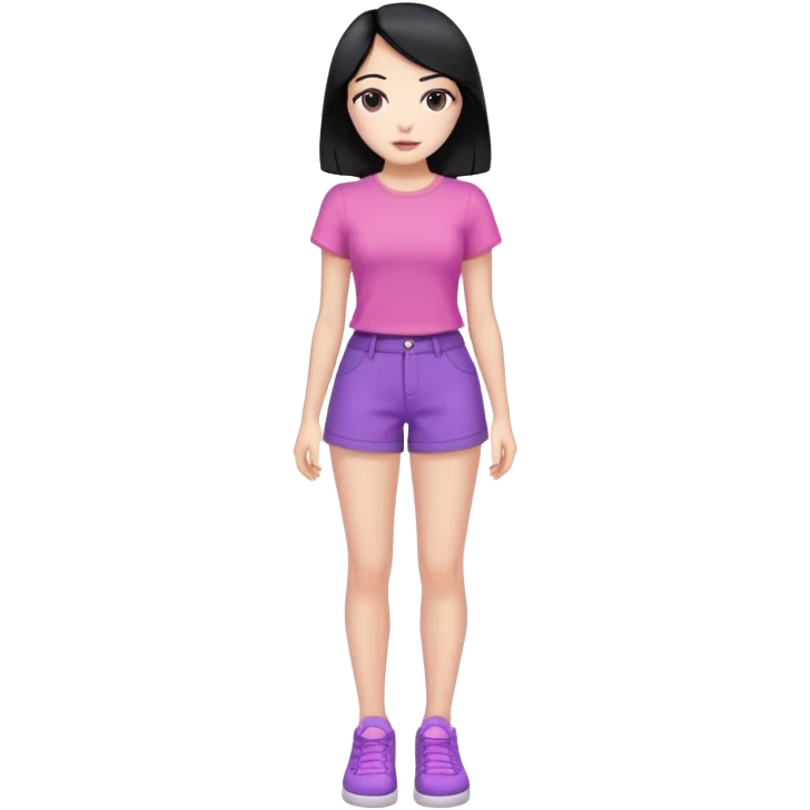 female, slim hourglass shaped body, black hair, pink t-shirt, purple wide leg shorts, black shoes, full body emoji