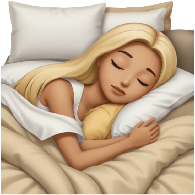 Mujer color de piel moreno claro, con cabello rubio largo, lacio y suelto, ojos negros, durmiendo con sábanas blancas, edredones beige, tomado desde un lado de la cama emoji