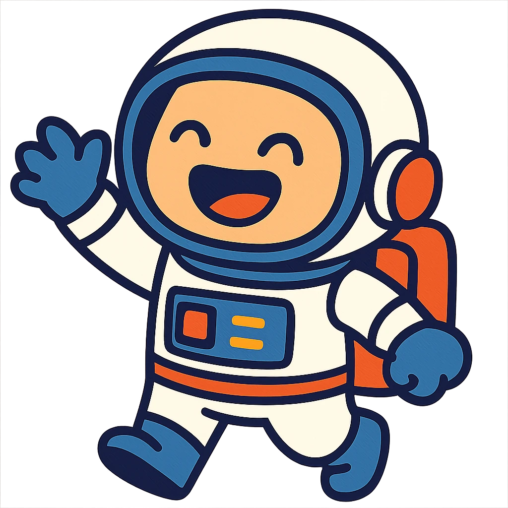 little astroneer with white suit and white helmet, very happy emoji