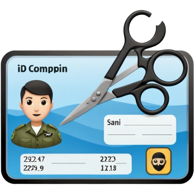 Floating black Scissors cutting in half an idf soldier ID card with a little chip in 2 parts emoji