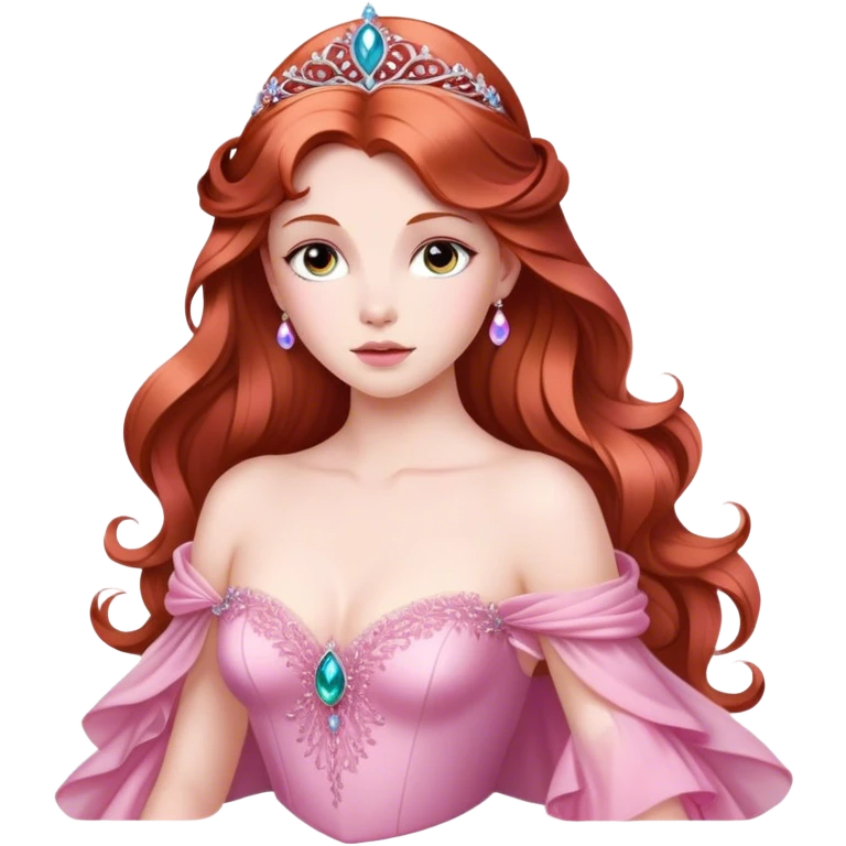 Cinematic Majestic Sleeping Beauty Portrait Emoji, rendered in a clean, vector-style with bold, simplified shapes. Show Aurora with a serene, noble expression, luminous porcelain skin, and elegantly flowing auburn hair, dressed in an opulent pink ball gown. The design radiates a majestic, enchanted glow with high shine and a soft glowing outline, embodying classic royal elegance. emoji