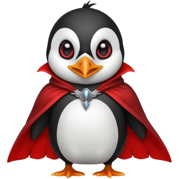 Vampire animal, penguin  in red collar cloak, red eye, fangs emoji