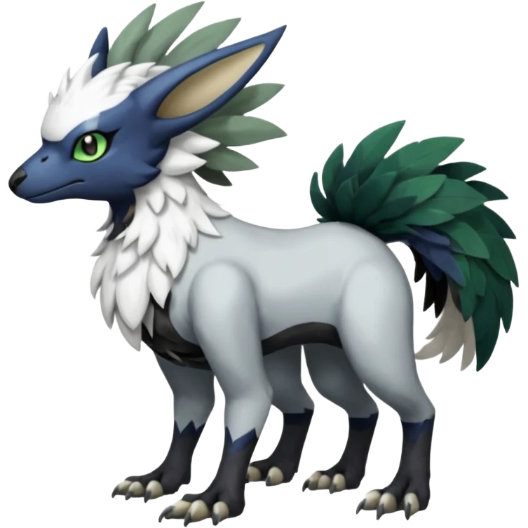 Shiny Black Grey White and Dark-Green Trico-Nargacuga-Silvally-Skiddo-Sprigatito-Absol-fusion (full body) emoji