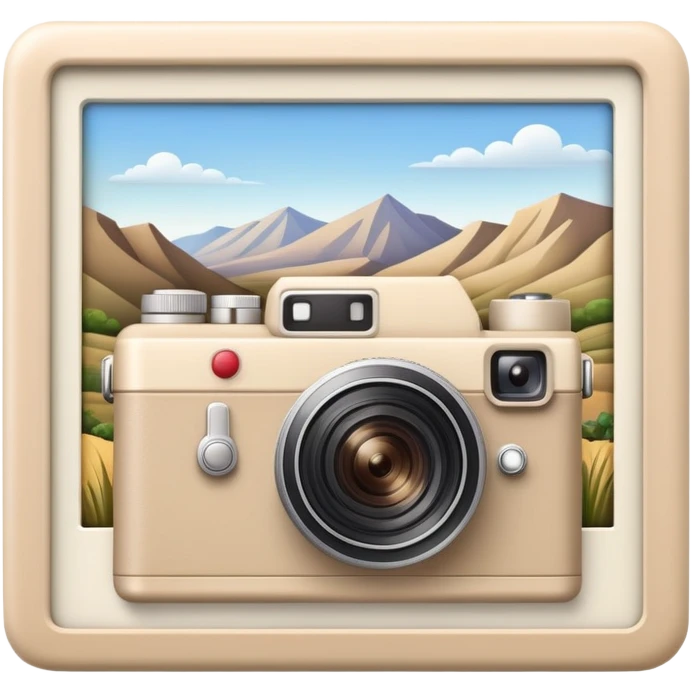 A beige camera and next to it a landscape photograph of the frame behind the camera emoji
