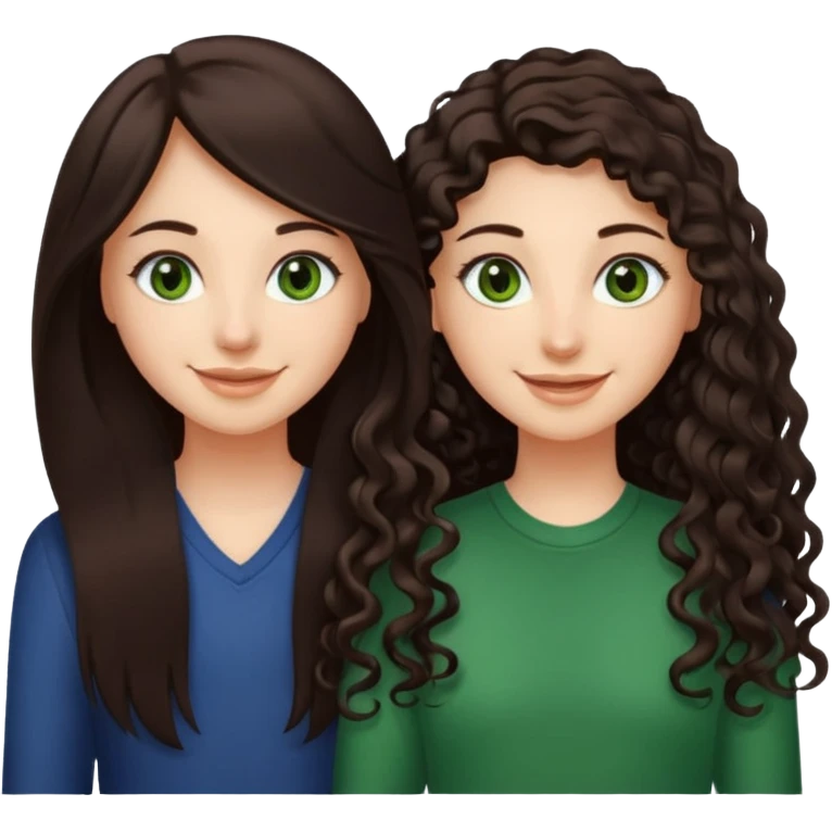 Two besties: 1: long ironed straight darkbrown hair, green eyes 2: long curly darkbrown hair, brown eyes emoji
