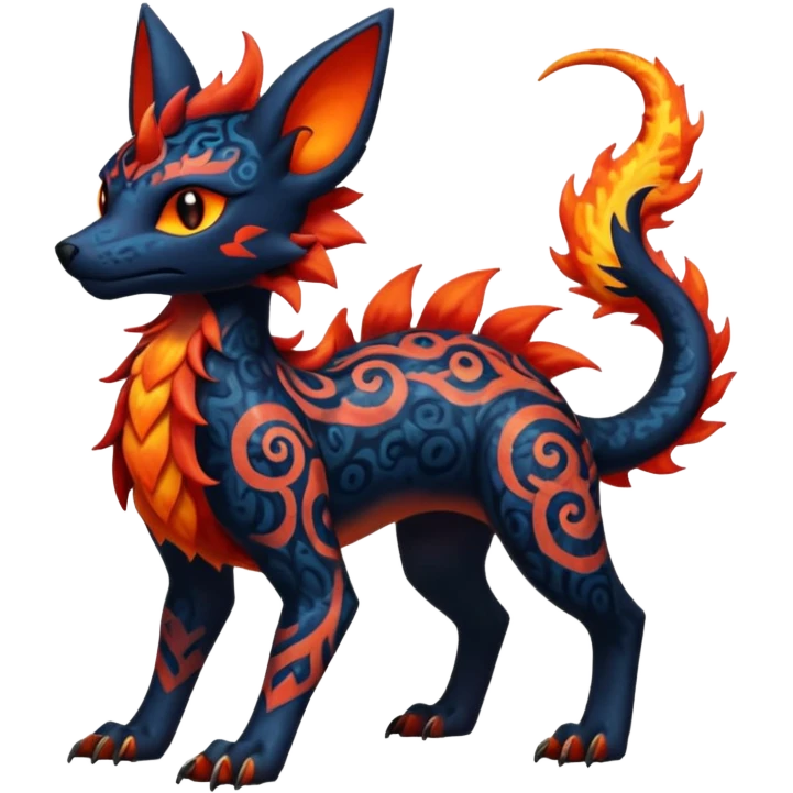 Shiny Fiery Dark Ugly Evil Realistic Glowing Eldritch Horror Cool Edgy Badass Emo Glorious Demonic Batty Dusky Ethereal Magical Punky Aural Fluorescent Bioluminescent Hideous Canine-Litten-Amaura-Salandit-Noibat-Flareon-Fakémon-fusion (full body) with intricate pattern markings emoji