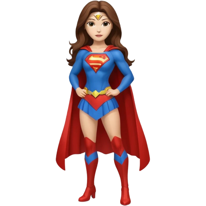 Isolated, ultra detailed illustration of the most incredibly realistic and beautiful superwoman, DC Hero, char6. Full body, orginal outfit with a modern seductive style, perfect makeup, long flowing brown hair, perfect makeup, 
figurine imaginable, toy style. emoji