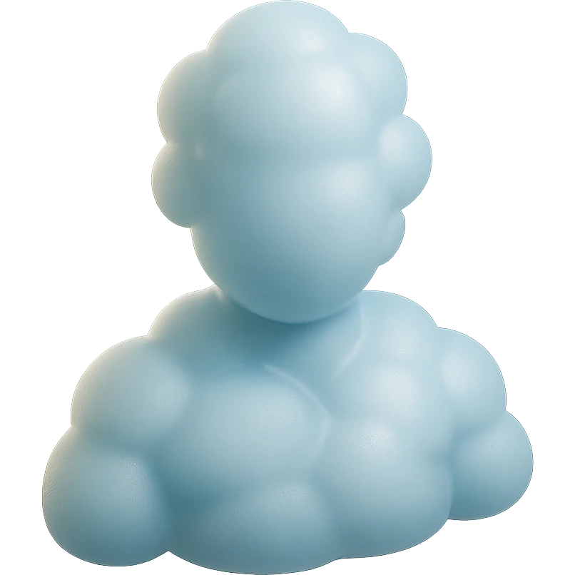 person made entirely of white fluffy convex clouds, shoulders up, front view, matte glass style emoji