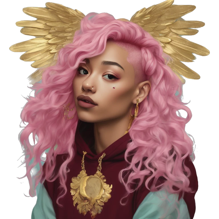Vintage painting swirls gold jewellery baroque raven wings angel tropical Deep pink maroon burgundy cyan dark hoodie man vitiligo dyed hair gold piercings nose piercing ear piercings emoji
