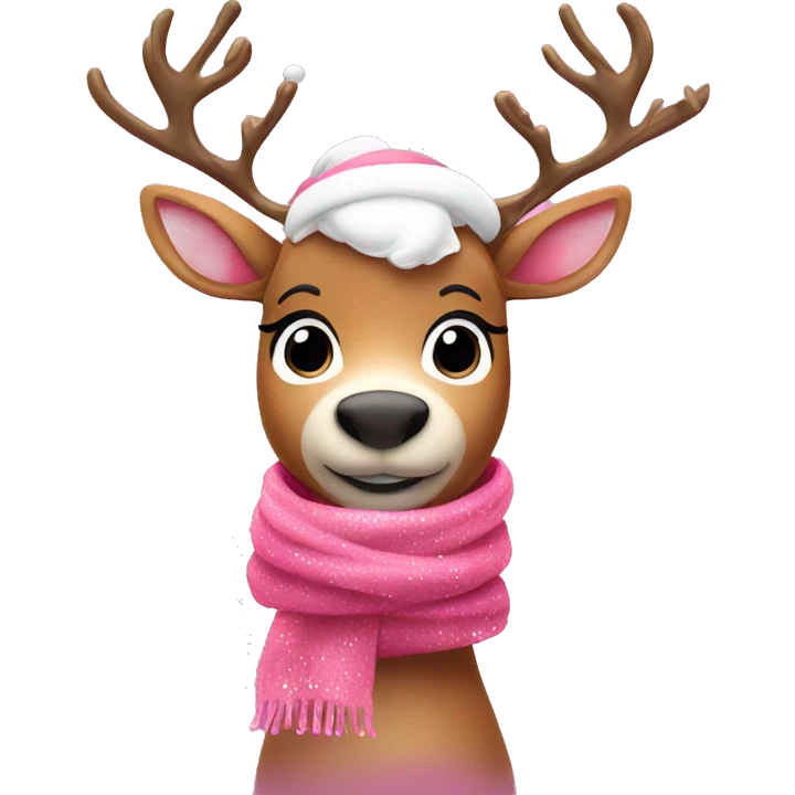 Pink reindeer with cute expression, festive scarf, and sparkles around emoji