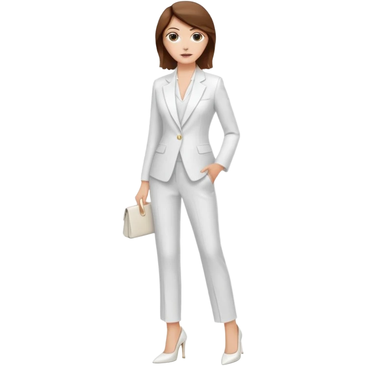 Chica blanca, traje pantalón blanco, zapatos blancos tacon pelo recogido con mechones sueltos castaño ycuerpo entero emoji
