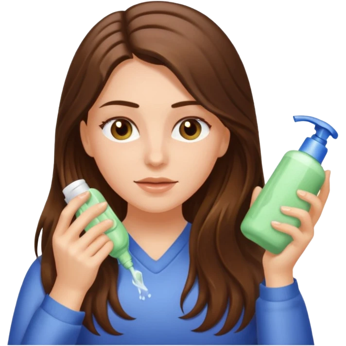 white long brunette hair girl with hazel eyes using conditioner on the hair emoji