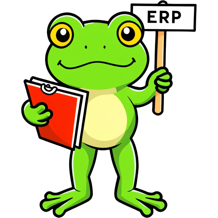 frog holding a sign that says ERP, cartoon sticker style emoji