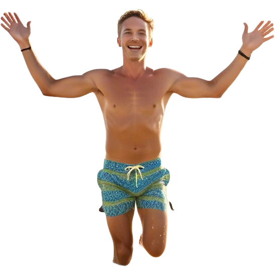 A white man running into the ocean with arms wide open, embracing the waves and the moment. The sun shines warmly, and the water sparkles, symbolizing the joy of creating fun and appreciating life’s simple moments. Their footprints in the sand fade as they fully immerse themselves in the present. emoji