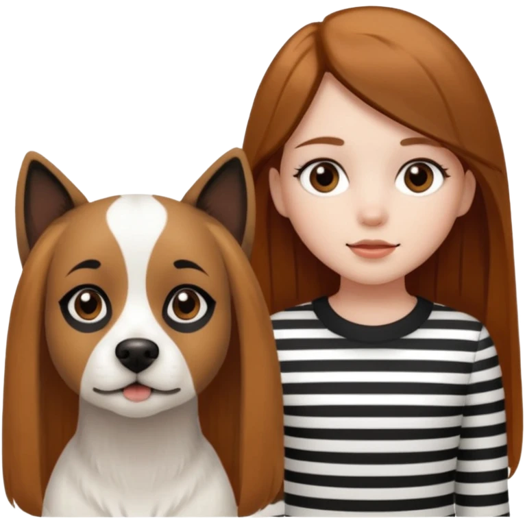 girl with white skin, brown eyes, long straight brown hair, standing next to a white dog with a black face, stripe down the middle, and brown and caramel brown spots on the sides of the mouth emoji