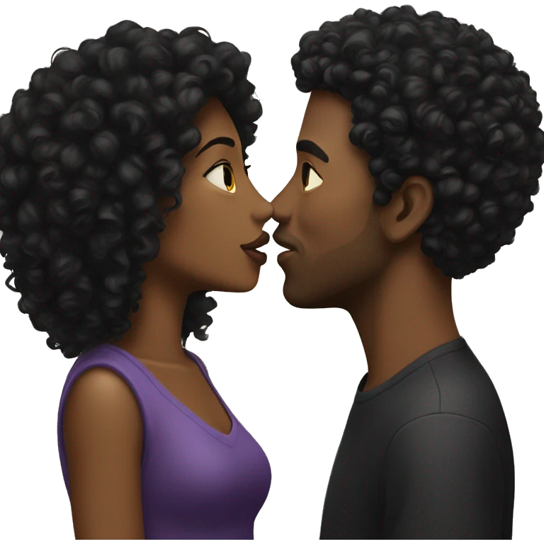 Black woman with black curly hair kissing WHITE man with black hair  emoji