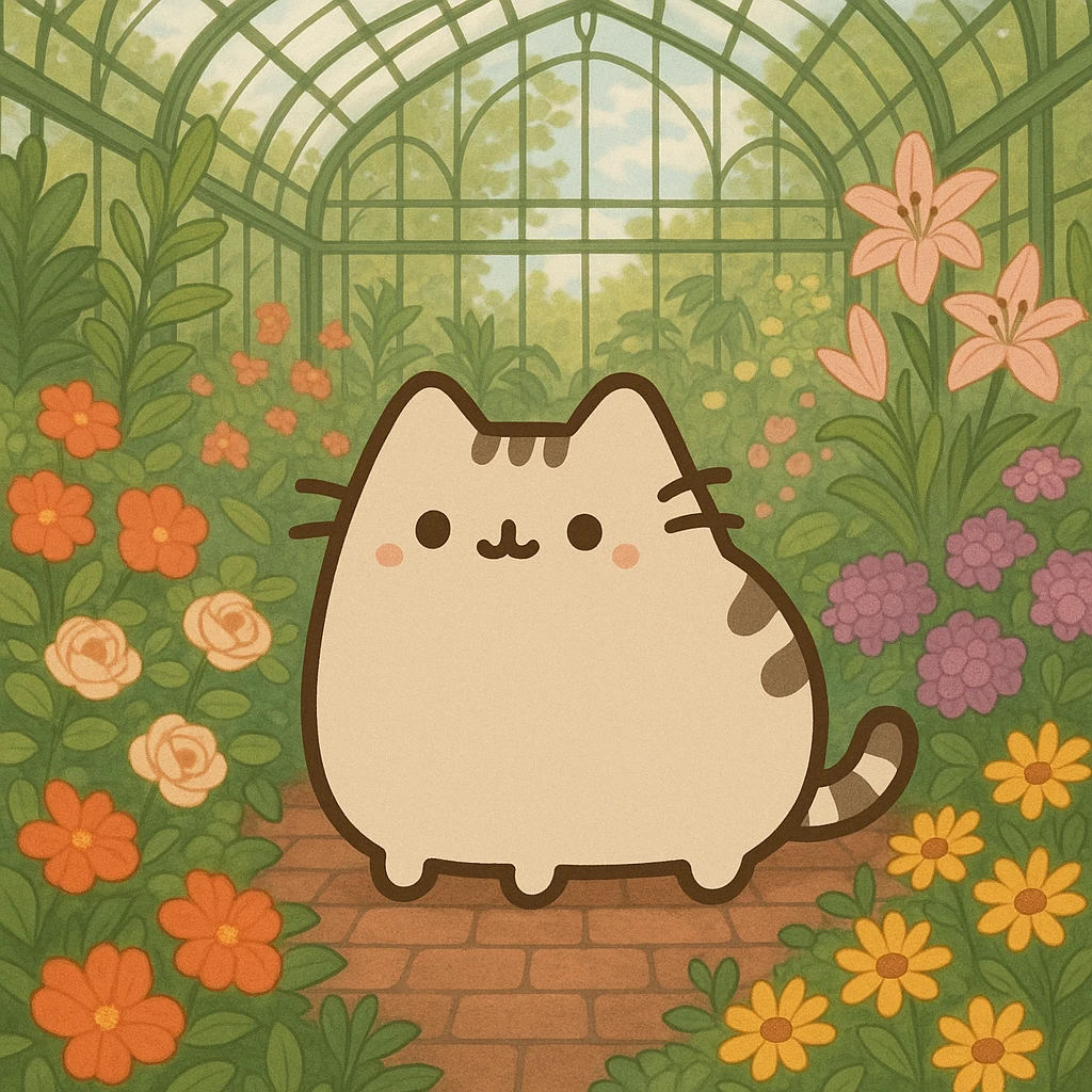 beige pusheen kitten in a botanical garden greenhouse filled with flowers emoji