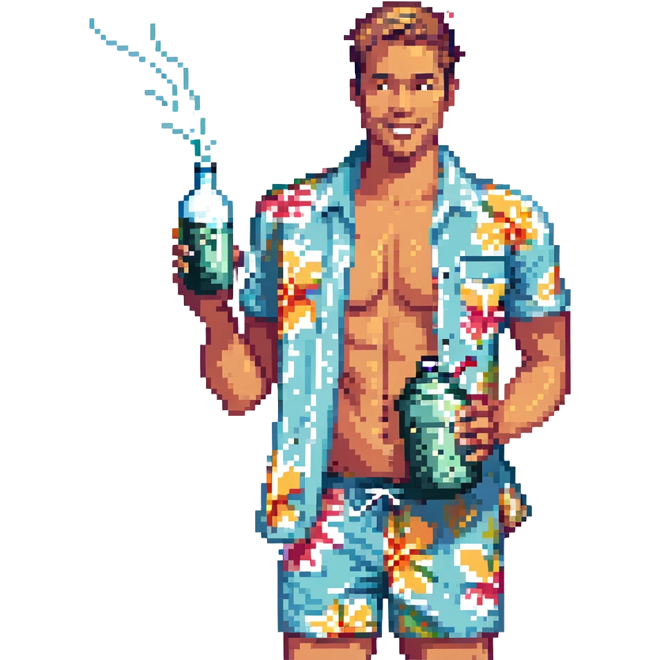 human male Unbuttoned Hawaiian shirt, swim trunks, shaking a cocktail shaker (sparks flying) emoji