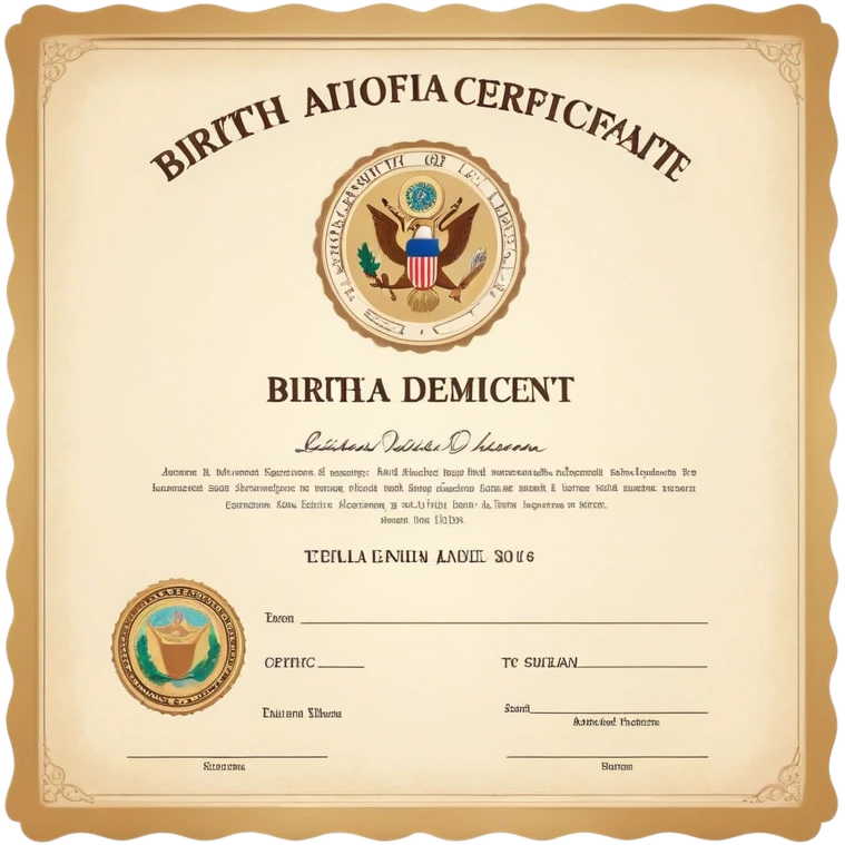 Birth certificate document with name, date of birth, and official seal emoji