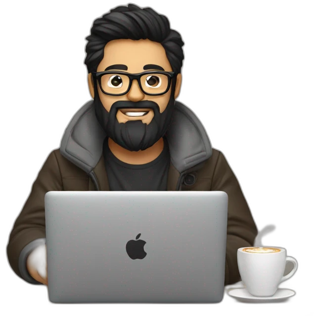 Designer with black hair, beard and glasses working with MacBook and drinking cappuccino  emoji