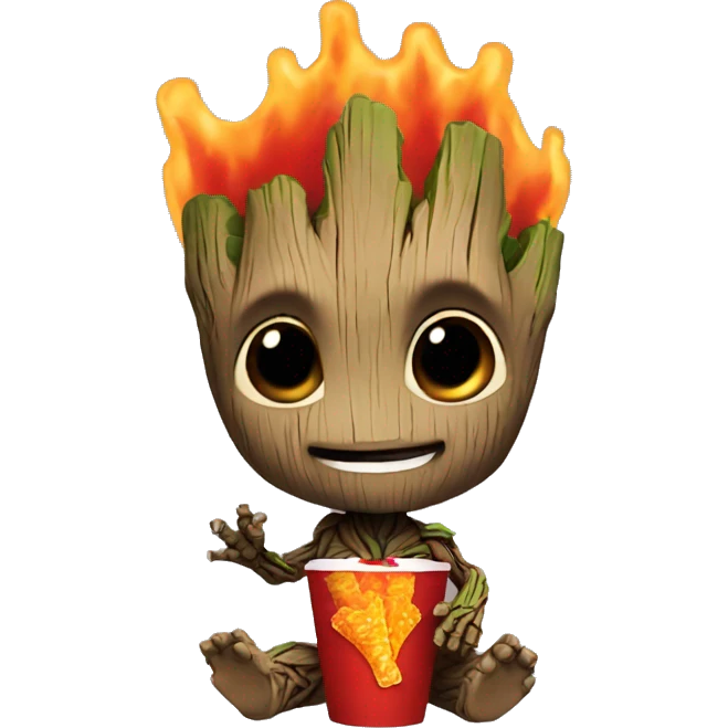 Baby groot eating, flaming hot Cheetos emoji
