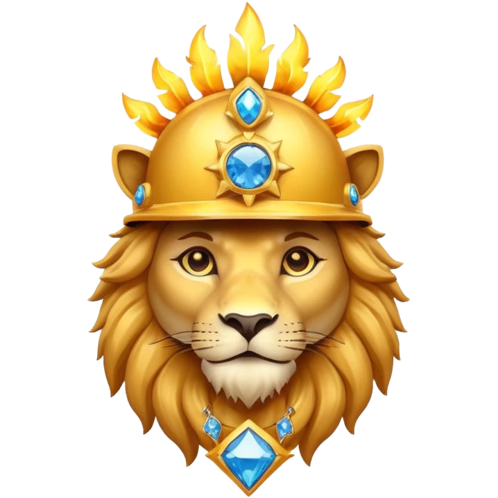 Lion with helmet shaped like the sun with a blue diamond shaped gem in the middle with fire powers that can fly emoji