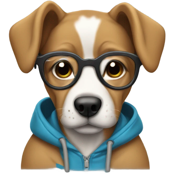 A pup wearing glasses and a hoodie emoji
