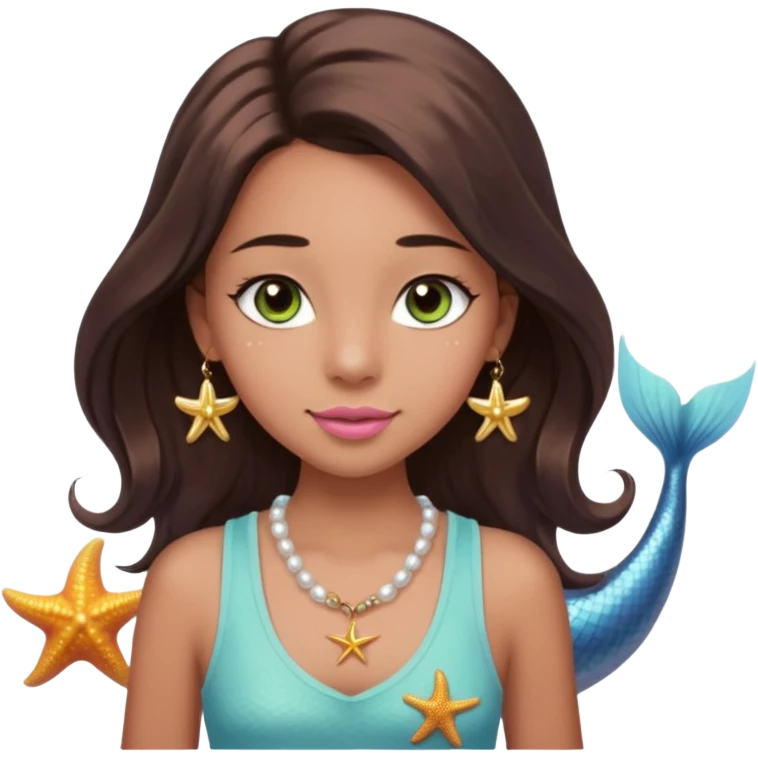 Create a teen girl wearing a light blue tank top. She will have long brunette hair, tan skin, pink lips, and grey-green eyes. She has long eyelashes. She also has light freckles and is wearing a gold charm necklace that has an n on it, a pearl, a sun, a starfish, a mermaid tail, and seashell emoji