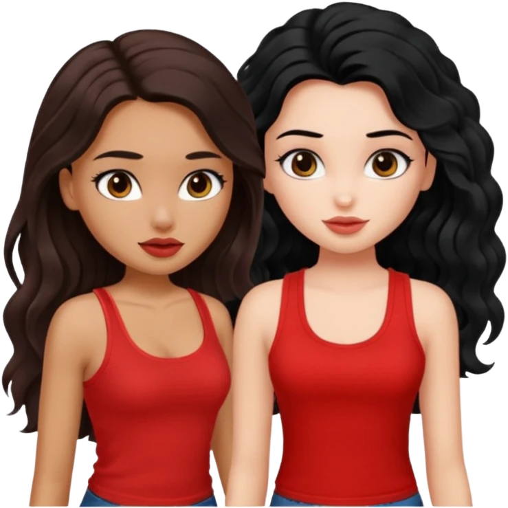 generate a pretty tan bratz girl with brown wavy hair long wearing a red tank top. talking to a girl with black hair wearing black emoji