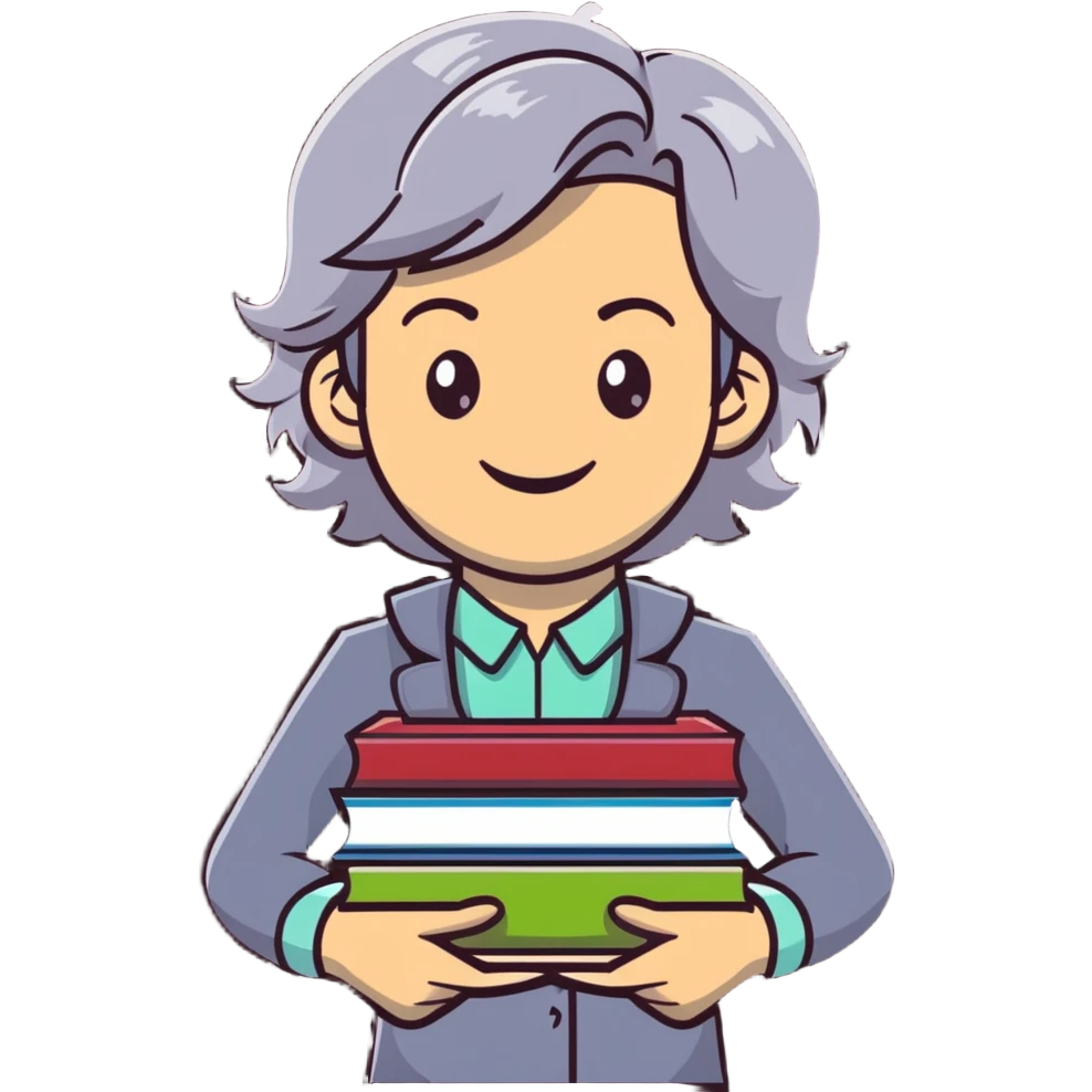 smiling English teacher with airtouch hair and grey-green eyes holding a stack of books and papers emoji