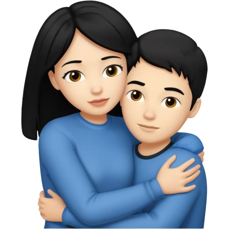 Light skinned woman black hair light skin boy black hair hugging emoji
