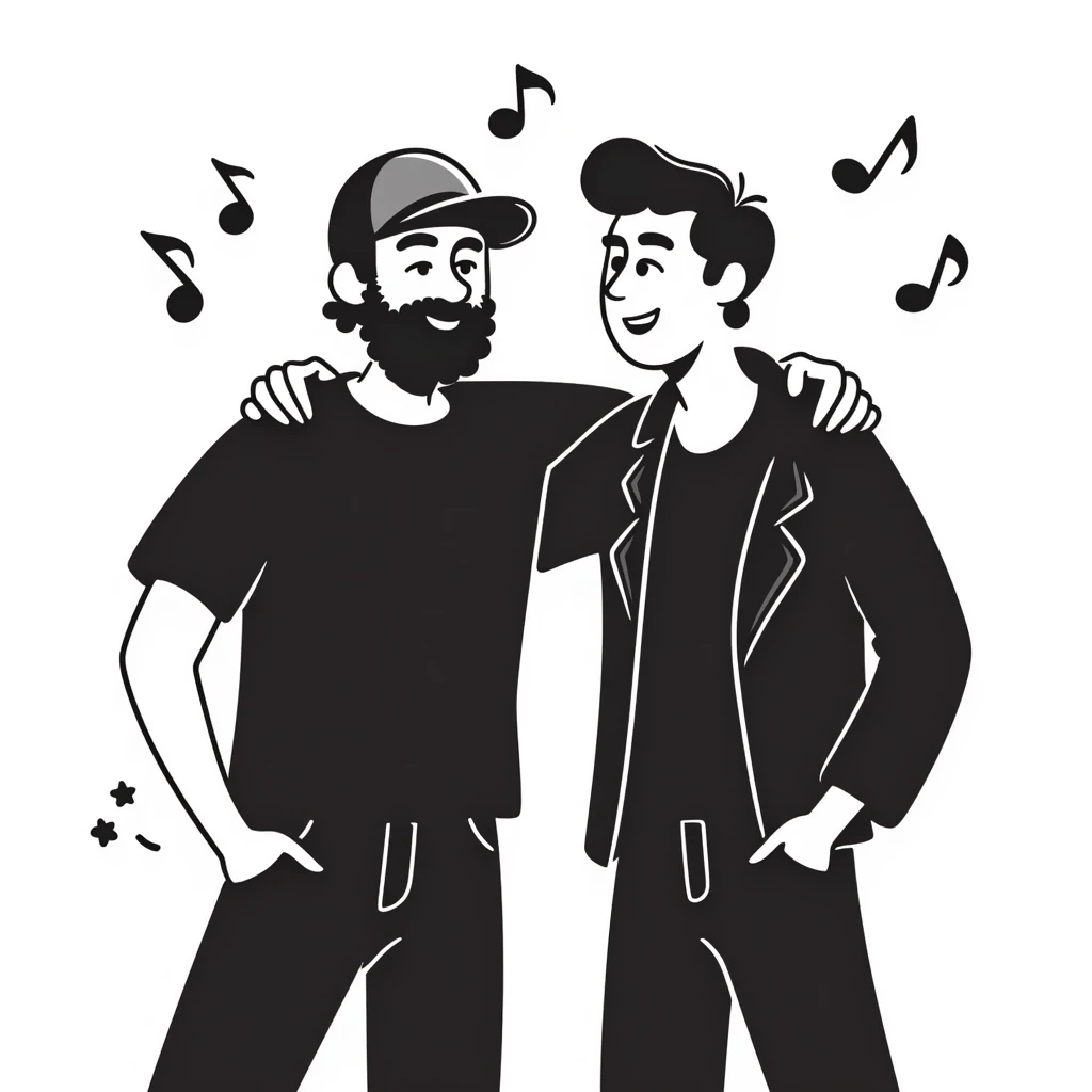 Two male musicians side by side with one arm over the other's shoulder: a 35-year-old with stylized beard, backwards cap, rocker style, and a younger 25-year-old musician, both smiling. Music notes and stars around them. Other band members celebrating in the background. emoji