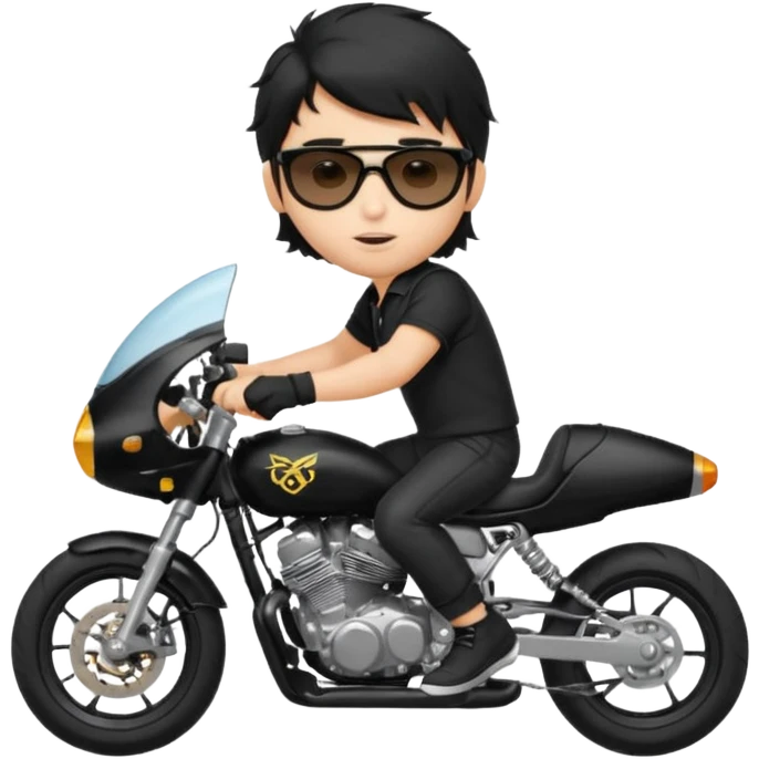 generate a pretty fair bratz boy with a messy mullet (black hair), wearing a BLACK polo.  on a superbike emoji
