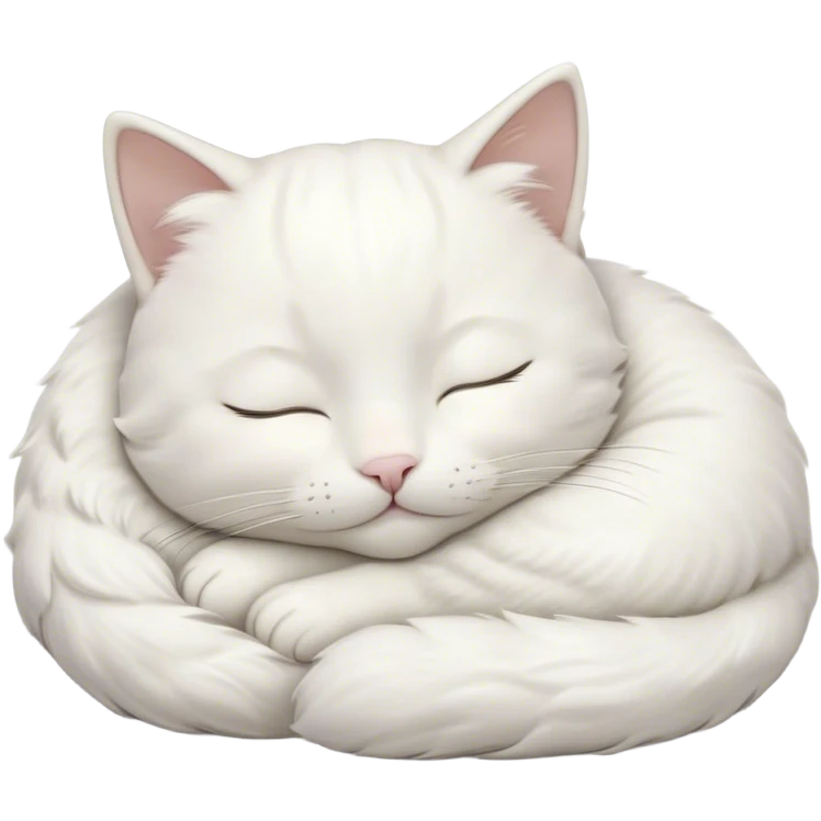 Meme-Worthy Cute Sleeping White Cat Portrait Emoji, Head peacefully tilted with a tender, contented smile and eyes gently closed in serene slumber, featuring a pristine white fur with subtle, delicate silver accents, simplified yet irresistibly adorable, highly detailed, glowing with a soft, drowsy radiance, high shine, exuding calm, heartwarming charm, styled with a gentle, soft glowing outline, capturing the essence of a sleeping white cat that seems destined to become the next viral icon of adorable repose! emoji