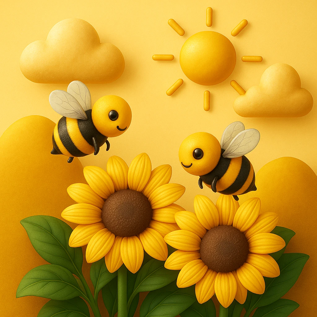 3D iOS style emoji of sunflowers with bees, a sun, and clouds in the background, mimicking the colors and composition of the reference image, add more details emoji
