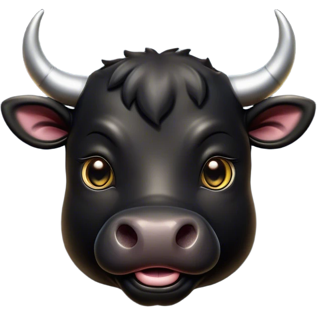 Cinematic Cute Black Bull Portrait Emoji, Head tilted playfully and inquisitively, featuring a glossy, robust black hide with a striking sheen, round, sparkling dark eyes filled with gentle curiosity, Simplified yet irresistibly adorable features, highly detailed, glowing with a warm, friendly glow, high shine, affectionate and imposing, stylized with a touch of rugged charm, bright and endearing, soft glowing outline, capturing the essence of a mischievous yet loving bull, so playful it feels like it could stomp out of the screen and into your arms! emoji