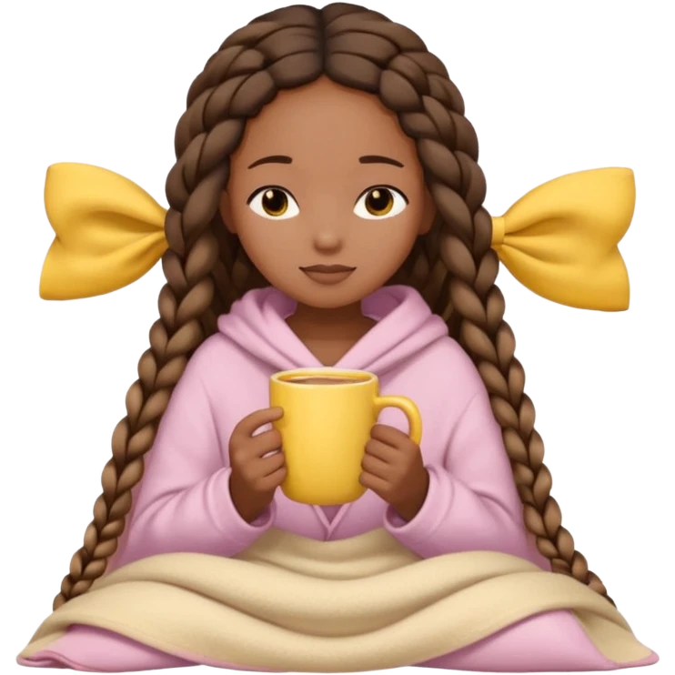 black girl with long braids, eyes closed, light beige blanket, light bow in hair, holding a yellow mug, cute cozy emoji style emoji