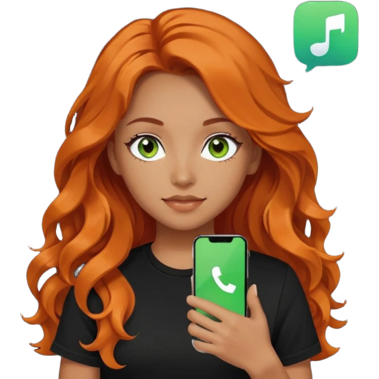 Girl with dark long orange wavy hair, green eyes, and black t-shirt and phone with tiktok app on hand emoji