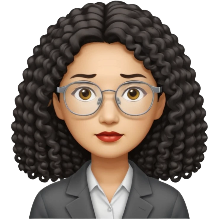 serious middle-aged Asian woman, long curly hair, small rectangular metal glasses, manager emoji