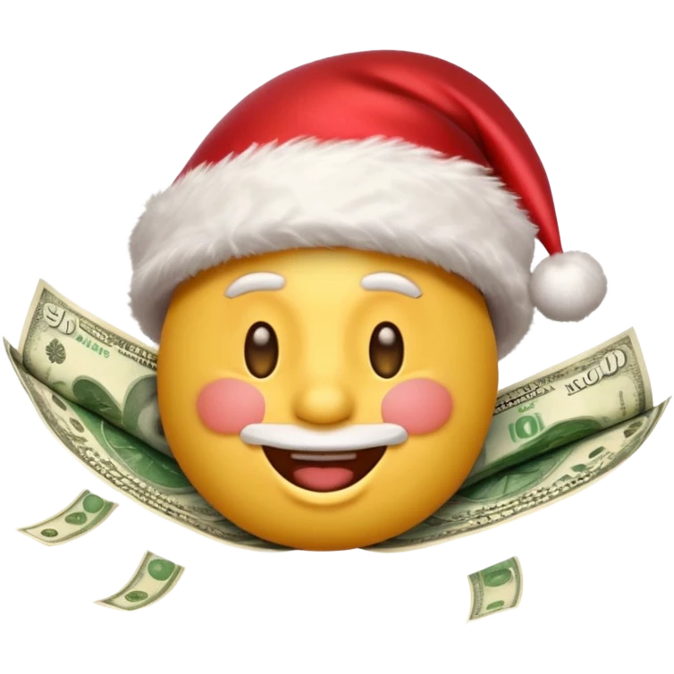 A rich happy emoji face in Santa hat, covered in money, cash stacks and flying dollar bills, Christmas mood, New Year festive style, glossy 3D emoji, vibrant colors, high detail, no text, isolated, transparent background emoji
