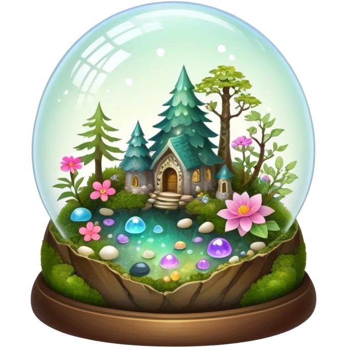 Sparkly shiny iridescent Mystical woodland glass-dome-terrarium-globe with moss inside, with marbles, with pebbles, crystals, with bones inside, and flowers inside  emoji