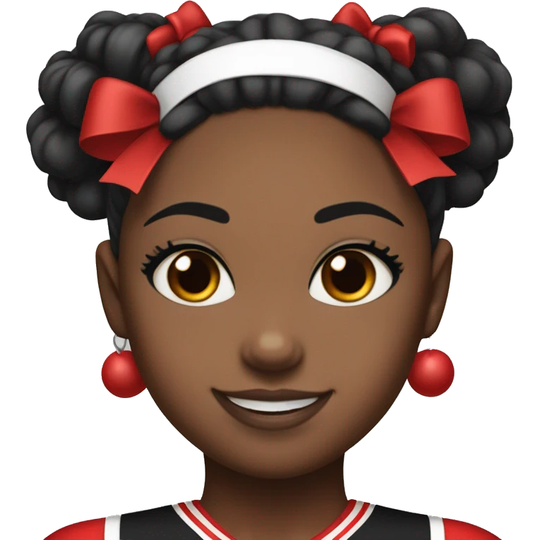 And black girl wearing a black red and white cheer uniform with a bow on her head and 2 pom-poms one red one black emoji